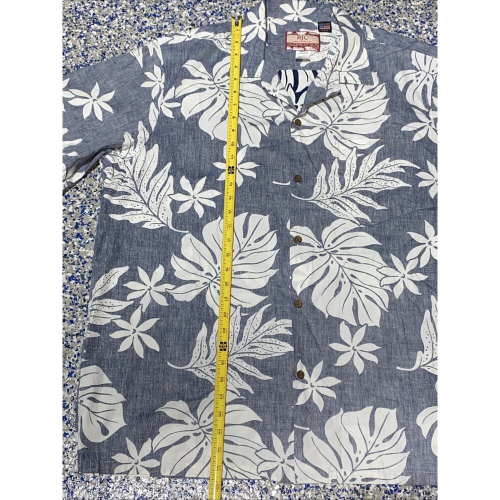 RJC Hawaiian Shirt Blue Palm Leave Tropical Print Made in HAWAII 2XL 100% Cotton - Picture 7 of 8